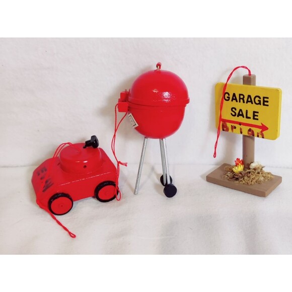 Vintage Christmas Ornament Lot BBQ Grill, Lawn Mower, Garage Sale Sign Pre Owned - Picture 1 of 16